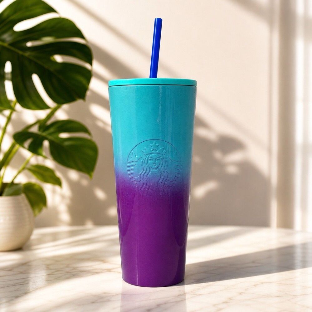 Starbucks Ombre Tumbler 24oz‎ Purple Blue Aesthetic Reusable Cold Cup Straw New